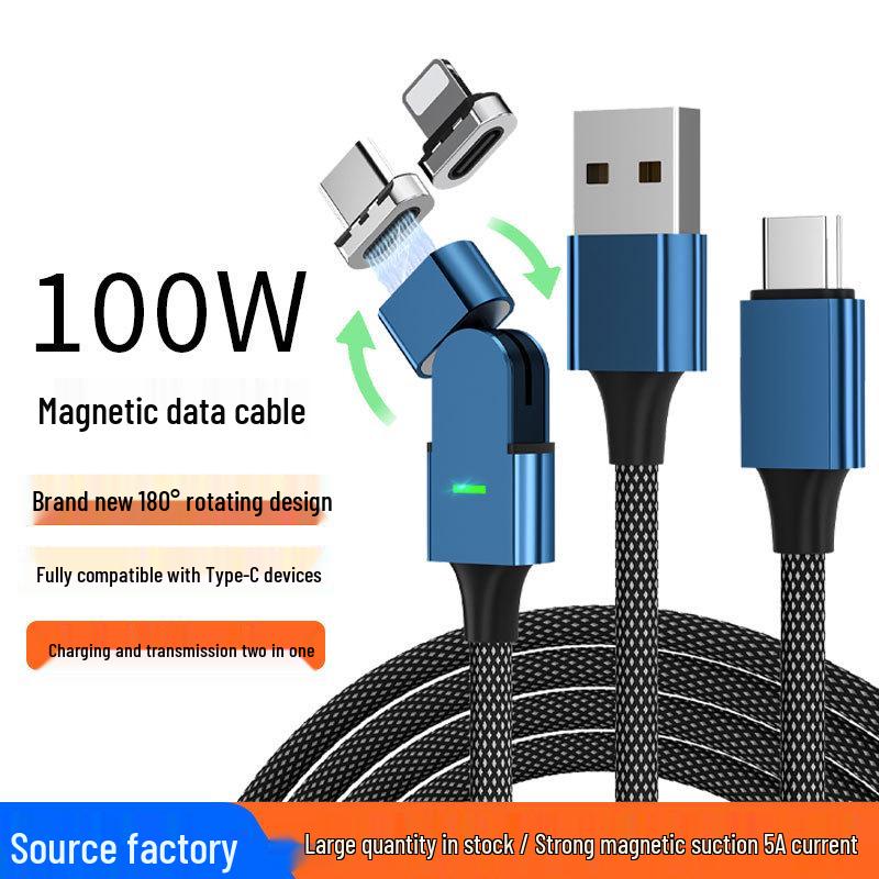 100W Fast Charging Magnetic Cable with 180° Rotating Type-C Angled Connector for Phones and Computers