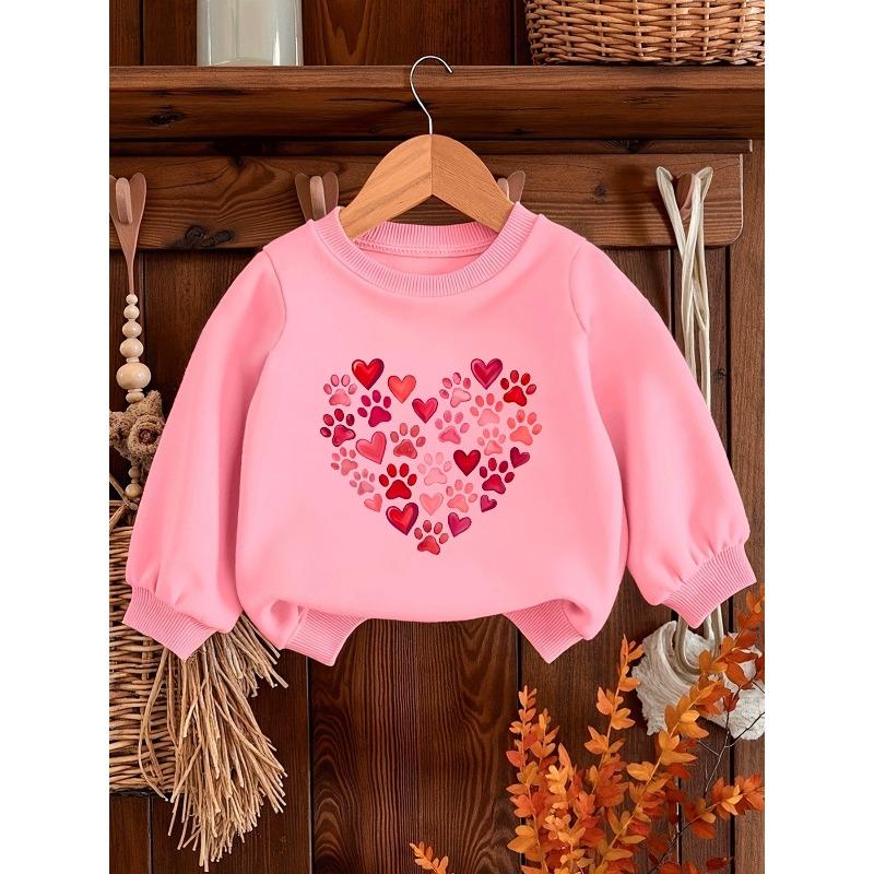 European Sizes Cute Heart Paw Print Pattern Kids' Spring Round Neck Sweatshirt 0-3 Years Comfortable Thin Design Suitable for Outdoor Wear