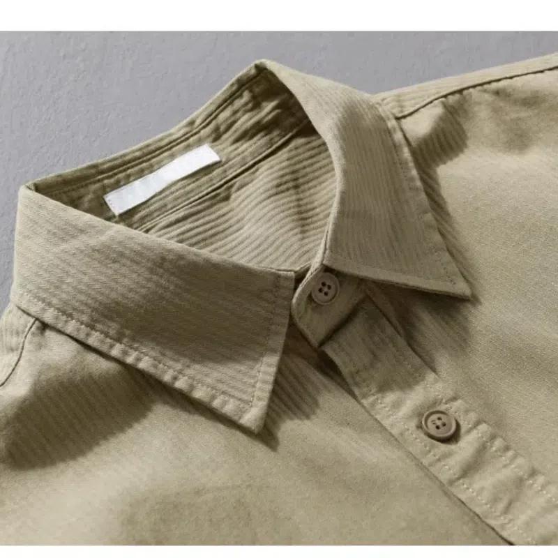 Spring and Autumn Casual Shirts for Man Retro Style Long Sleeve Top Daily Pure Cotton Turn Down Collar Solid Color Shirt with Pocket
