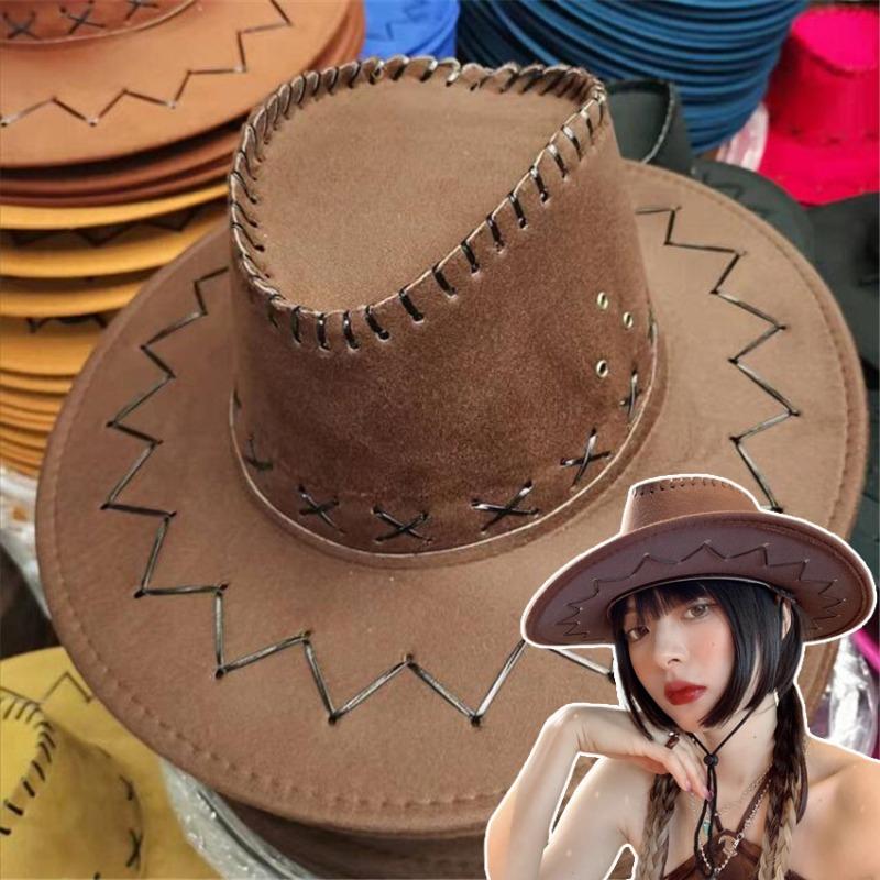 Wide Brim Polyester Western Cowboy Hat Unisex Breathable Sun Protection Cap Adjustable Brown Red Cowgirl Hat Vintage Headwear