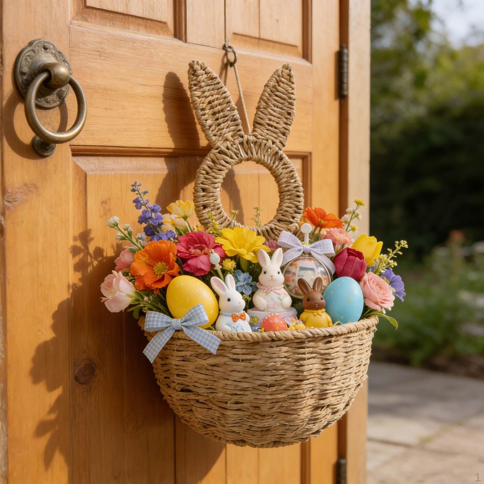

Easter Woven Basket Reusable Cute Hanging Wall Decoration Flowers Eggs Storage for Celebration Home