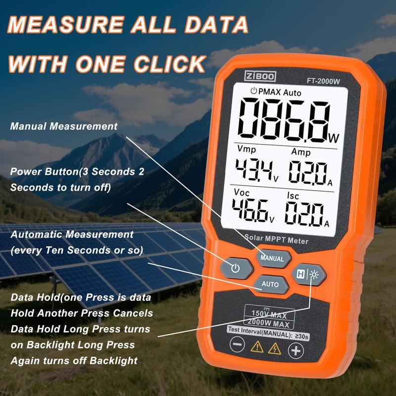 ZIBOO FT-2000W Solar Panel Tester MPPT Meter Open Circuit Voltage & Short Circuit Current, with Backlight & Data Hold,FT-1000W.