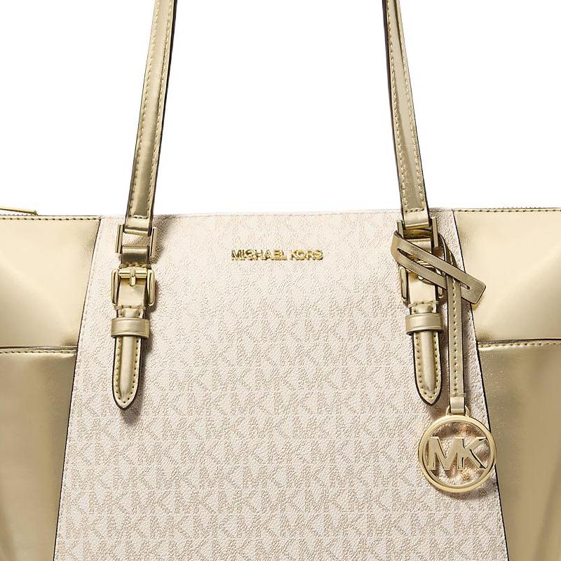 Michael Kors Mk Charlotte Logo Print Zipper Closure Coated Canvas Tote Bag Women Tote Bags Light-Gold 35F4GCFT3V-PALEGOLD