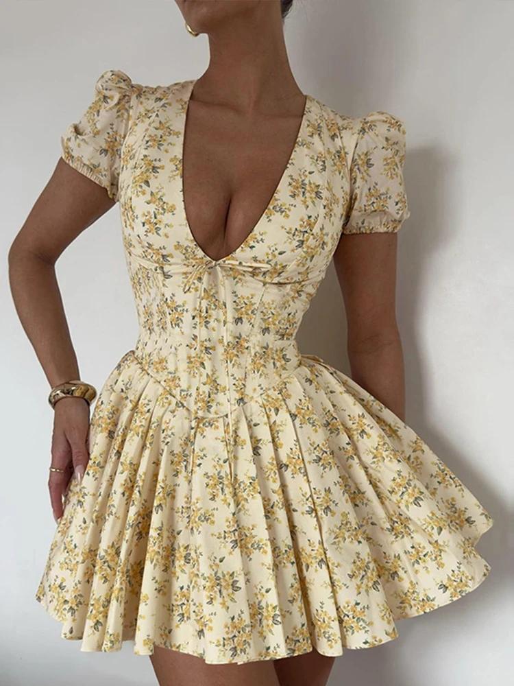 

Принт Глубокий V-образный вырез Короткие рукава-фонарики Плиссированные женские мини-платья Летние пляжные вечерние женские халаты S жёлтый