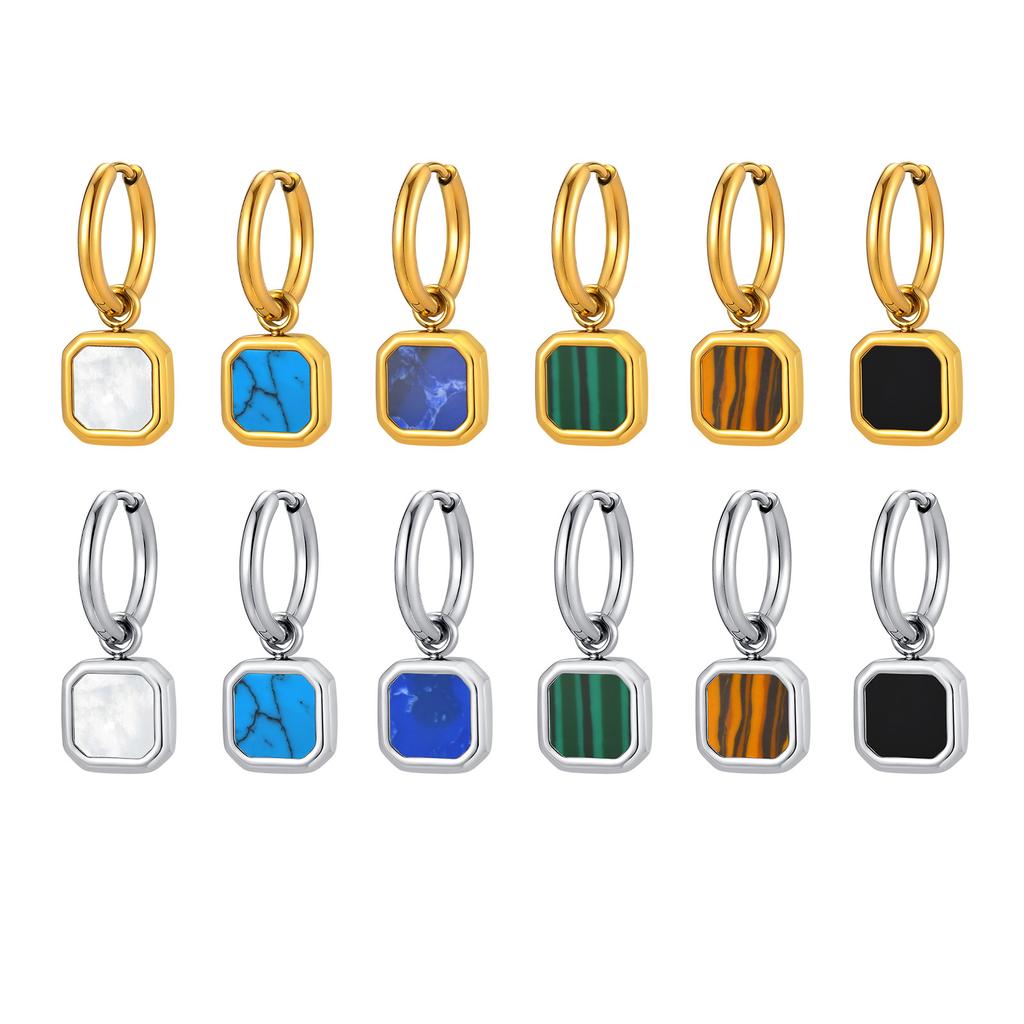 Trendy Geometric Tiger Eye Natural Stone Pendant Earrings for Men Boys, Blue Green Stone Stainless Steel Drop Earrings Jewelry