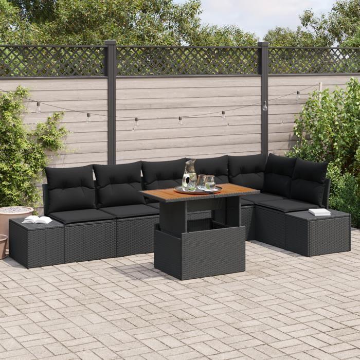 VidaXL Ensemble salle à manger jardin 7 pièces avec coussins noir poly rattan acacia 3349974