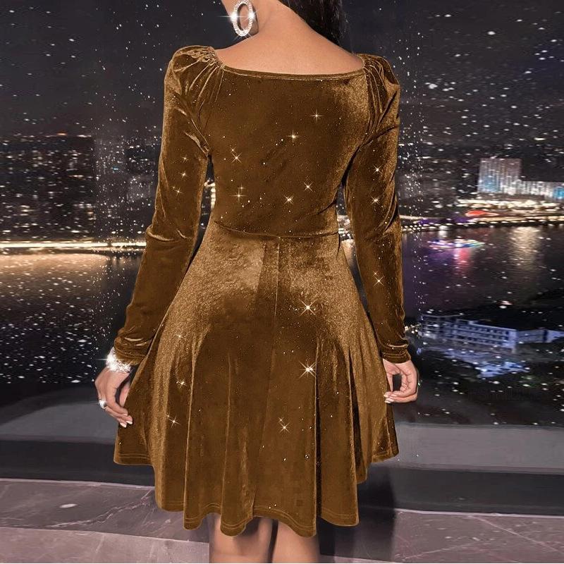 2026 New Women's Velvet Bodycon Dress, V-Neck Long Sleeve Short Cocktail Dress with Waist Cinching, Sexy Holiday & Party Velvet Gown