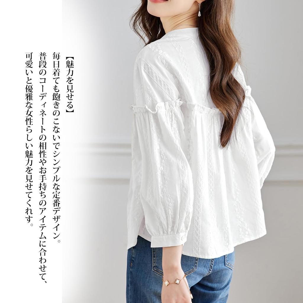 JoccKorr Ruffle Long Sleeve Top with Lace and Round Floral Fashionable and Plus Sizes Office Summer Women's Shirt, Collar, Embroidery, Elegant,