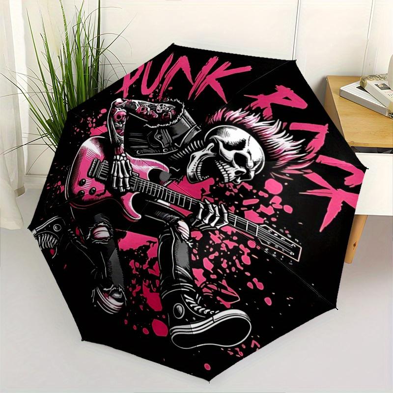 1pc Punk Rock Skeleton with Punk Rock Logo - Automatic Opening Umbrella, Portable Folding Design, 8-Bone Iron Frame Outdoor Umbrella, Festival Gi