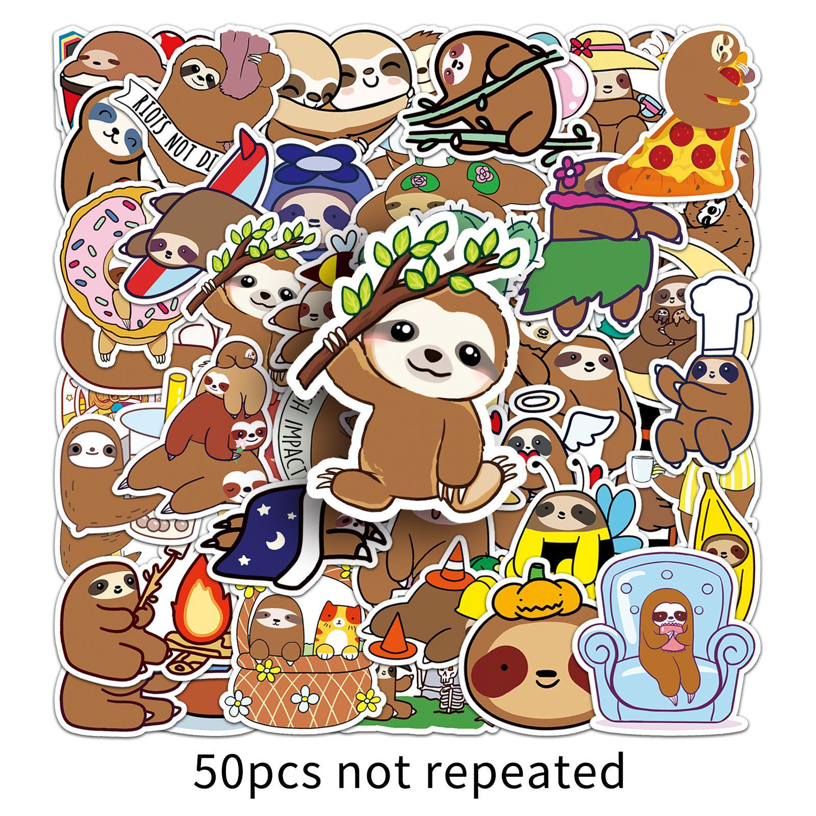 50 Cartoon Sloth Stickers for Laptop, Suitcase, Scooter, Car