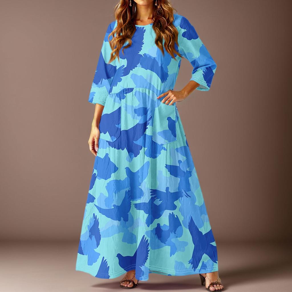 Women's Casual Fashion Floral Print Three-quarter Sleeve Long Dress With Pockets