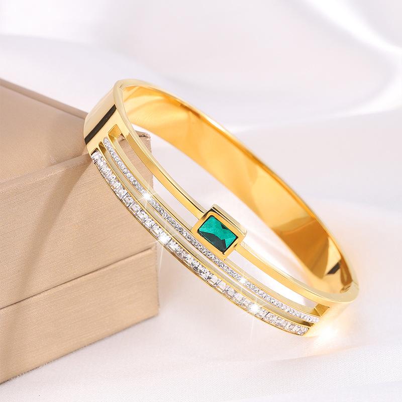 Stainless Steel Wide Bangle Double Row Emerald Zircon Bracelet for Women Luxury Fashion Do Not Fade Jewelry Accessories Gift