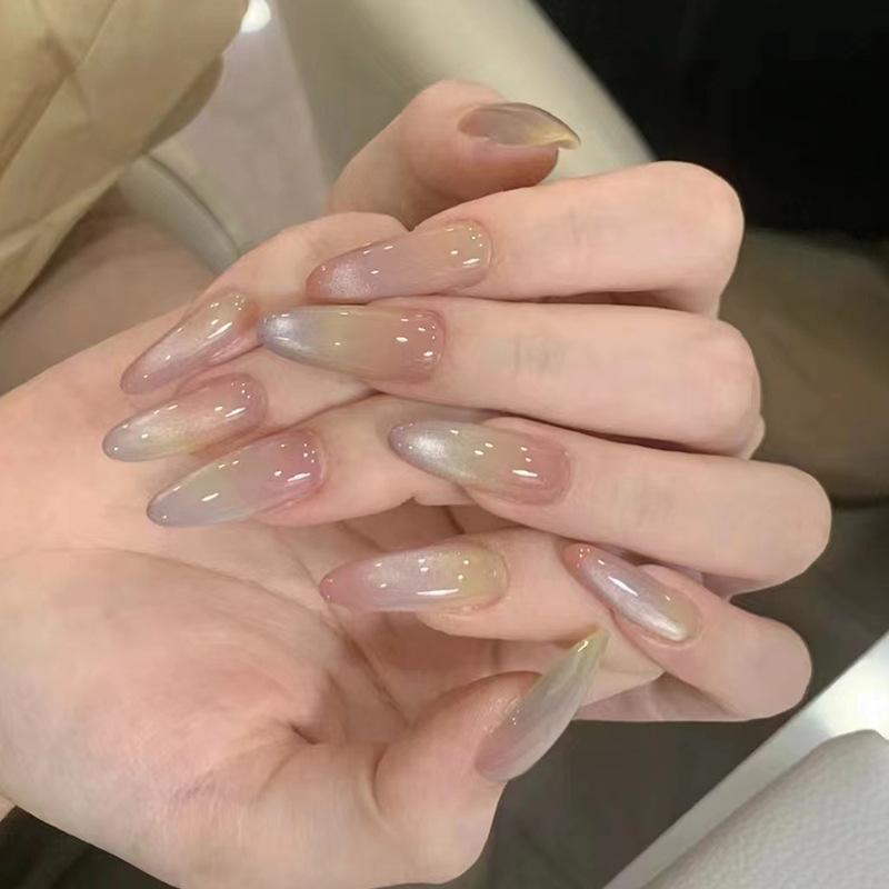 24pcs Glossy Red Cat's Eye Press On Nails Full Cover Nude Wearable Almond False Nails Charms Detachable Fake Nail For Girl
