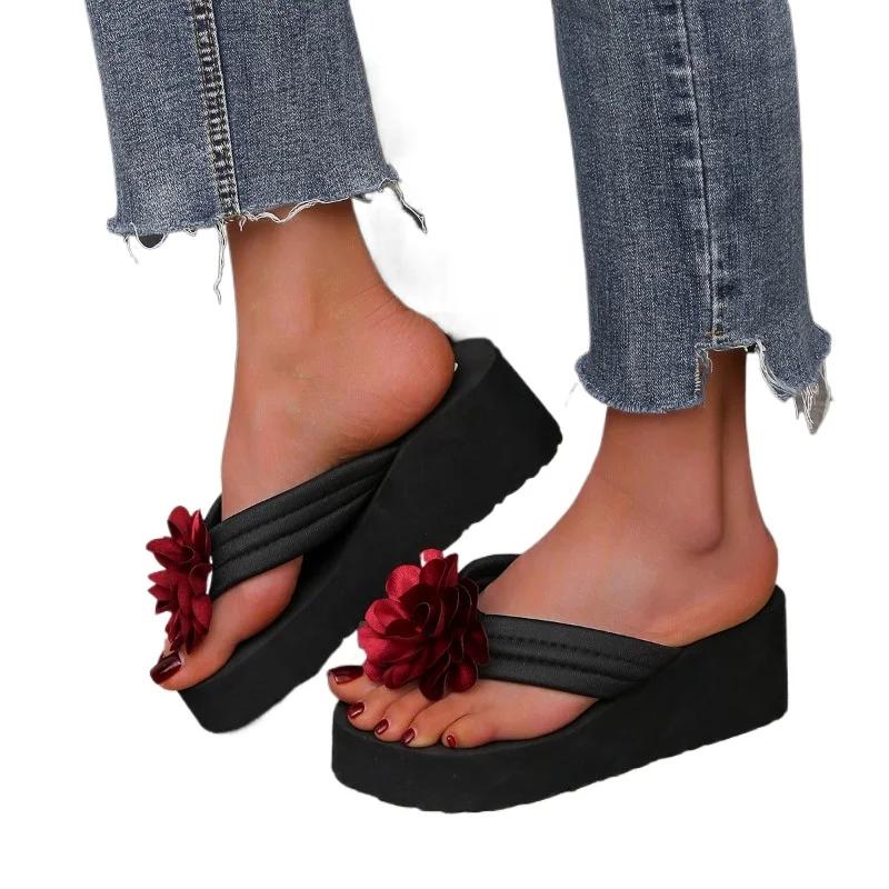 Fashion 2024 High Quality Shoes for Women Flip Flops Women's Slippers Fashion Floral Beach Slippers Women New Round Toe Wedge Slippers