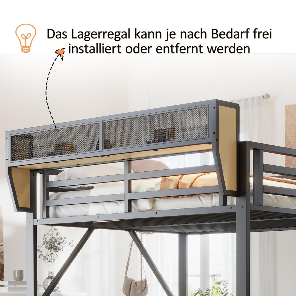 Metall-Hochbett 140 × 200 cm, Mit Schreibtisch, Regal und Netz, Komplett mit Sicherheitsleiter, LED-Beleuchtung und Steckdose, Erhöhte Bettreling, Schwarz