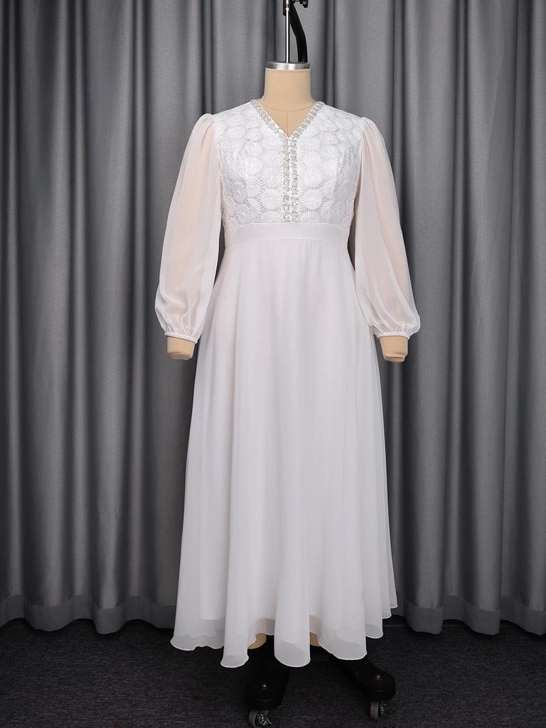 Weißes Spitzen-Chiffon-Kleid für Damen in Übergröße mit V-Ausschnitt, Fledermausärmeln & taillierter Taille für Hochzeiten oder Partys