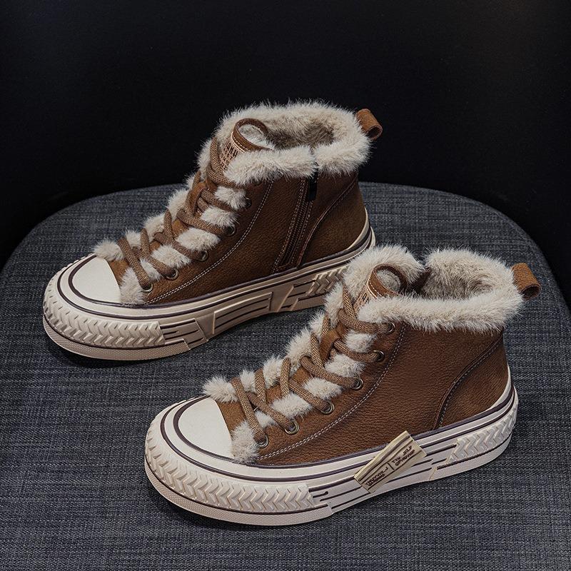 The first layer of cowhide high-top board shoes, winter new warm and velvet versatile casual fashion leather women's boots