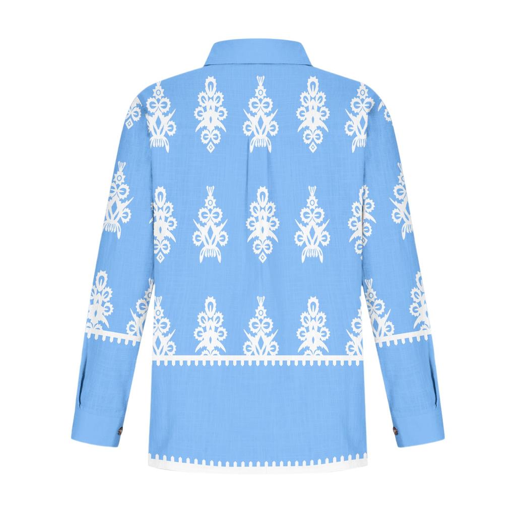 Women's Loose Floral Print Stand Collar Long Sleeve Cotton And Linen Top