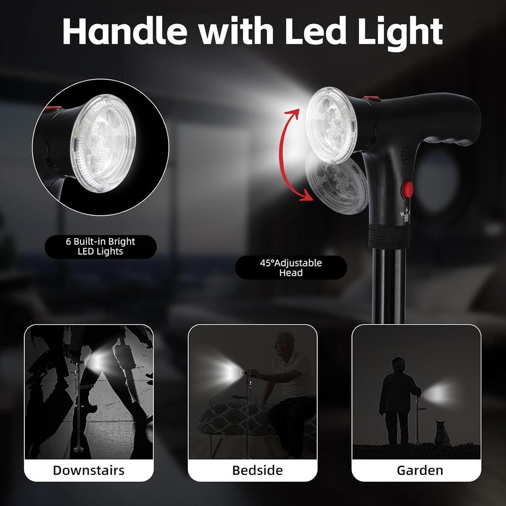 Multifunctional Folding Cane Portable Smart Four-base LED Light Alarm Function Lighting Anti-slip Cane for The Elderly Hiking