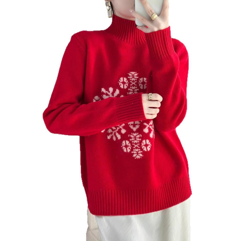 Autumn And Winter New Jacquard Knitted Sweater Turtleneck Retro Red Wool Sweater Edelweiss Design Bottoming Shirt