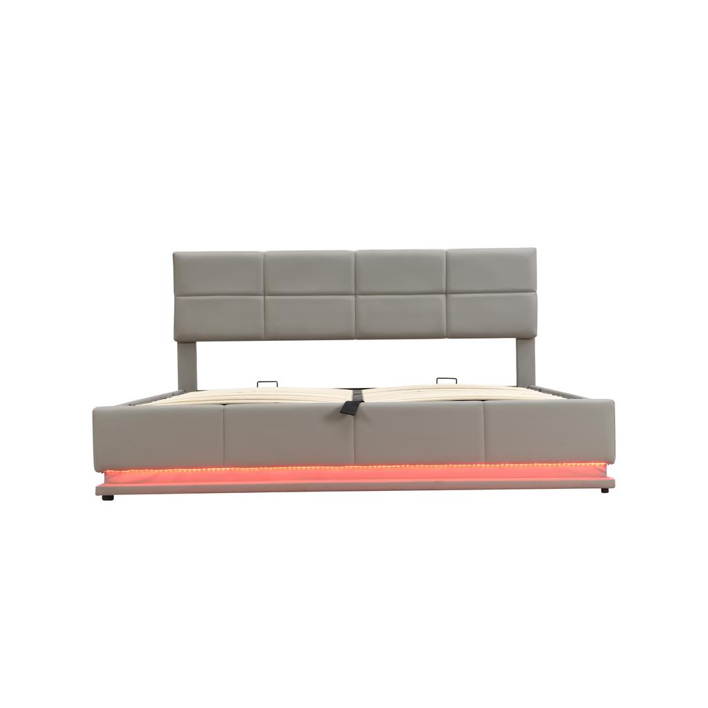 Stoppad säng 180x200 cm med LED-belysning & Hydrauliskt lyftbar förvaring, Lamellbotten med överdrag av konstläder, Dubbelsäng för vuxna/ungdomar, Ljusgrå