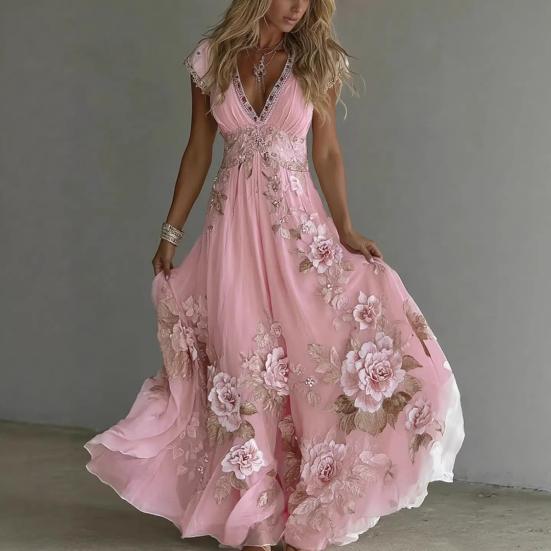 Summer Floral Maxi Dress for Women Short Sleeve V Neck A-line Swing Dress Floral Printed Beach Vacation Sundress