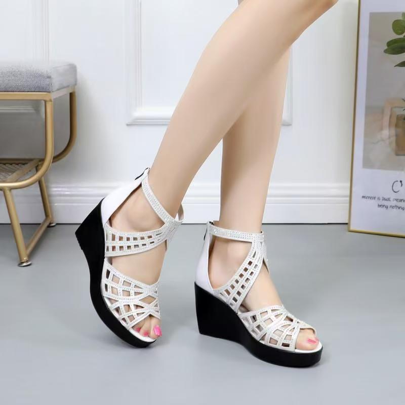 Sandali Zeppa Donna Estivi in Vera Pelle Traforati Suola Spessa Antiscivolo Copri Tacco Alto Zip Sandali con Tacco Alto e Punta Aperta