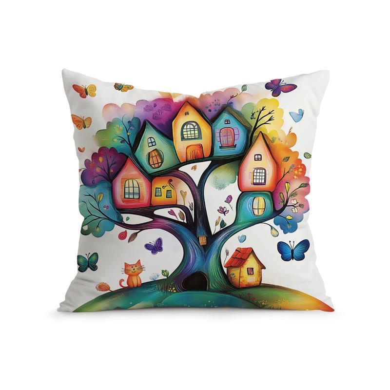 Colorful Trees Houses Pillowcase Printed 100% Polyester 45X45Cm Throw Pillowcover Decorative Sofa Cushion Pillowslip Home Decor