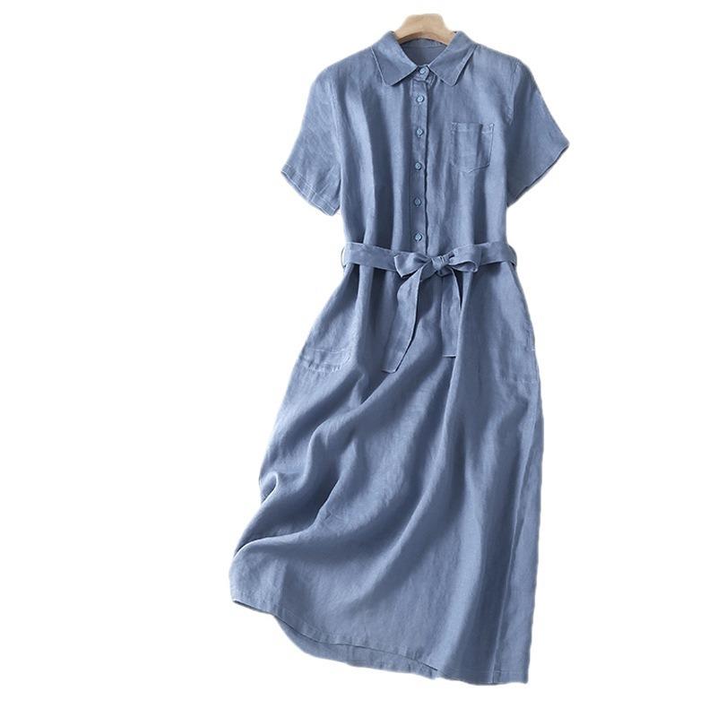 Literarischen Vintage Große Größe Einfarbig Lose Mittel Lange Kurzarm Kleid Frau