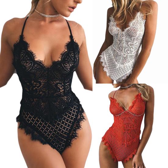 Dámské sexy průsvitné krajkové body s páskem a erotické spodní prádlo Deep-V
