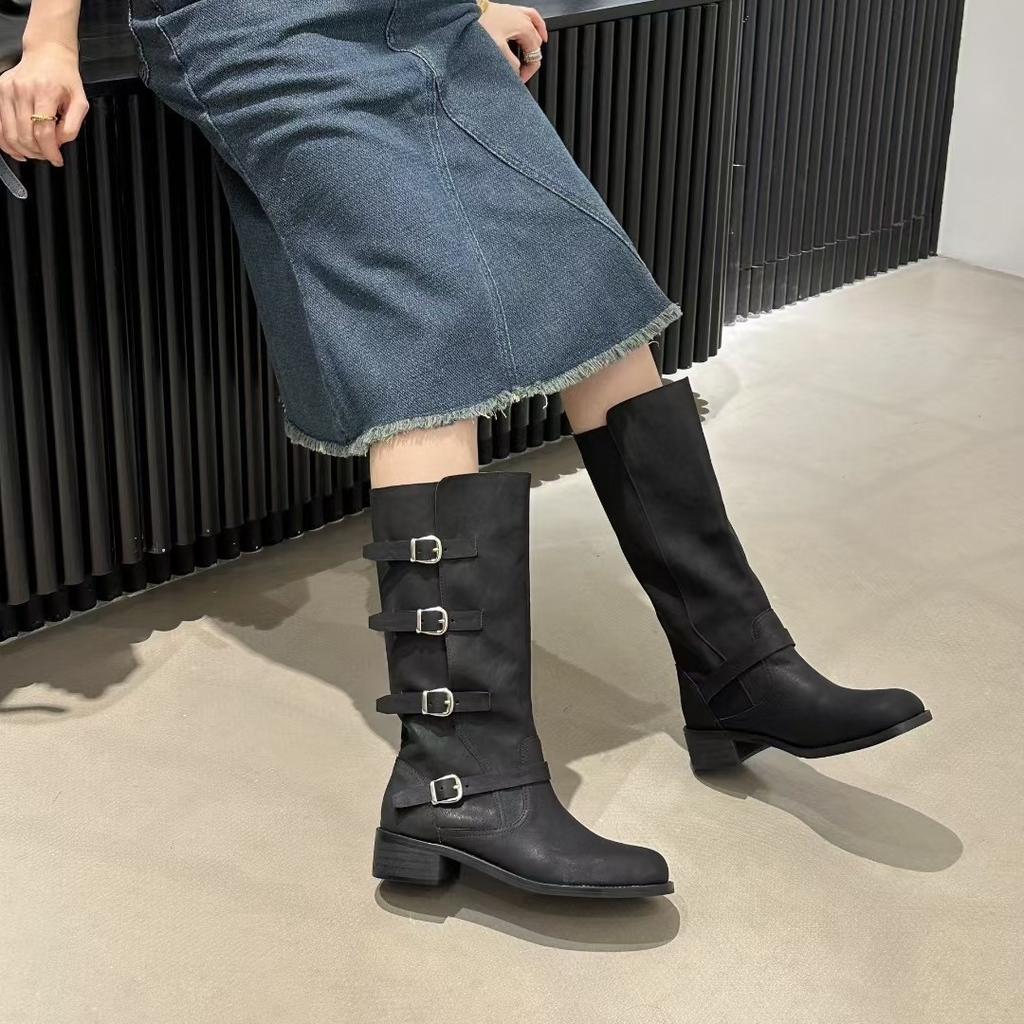 British Style Retro Belt Buckle Knight Boots 2025 New Wide with Martin Boots One Pedal Thick Heel Thick Sole Medium Boots