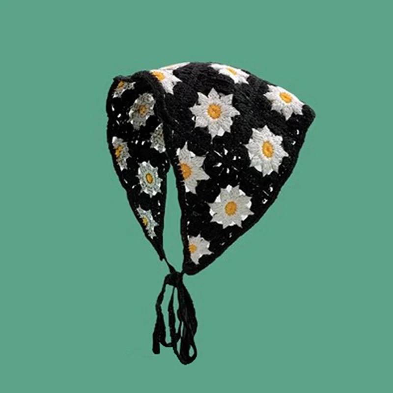 

Korean Sweet Cute Handmade Crochet Hollow Triangle Headband Towel For Women Girls Flower Headscarf Hair Accessories