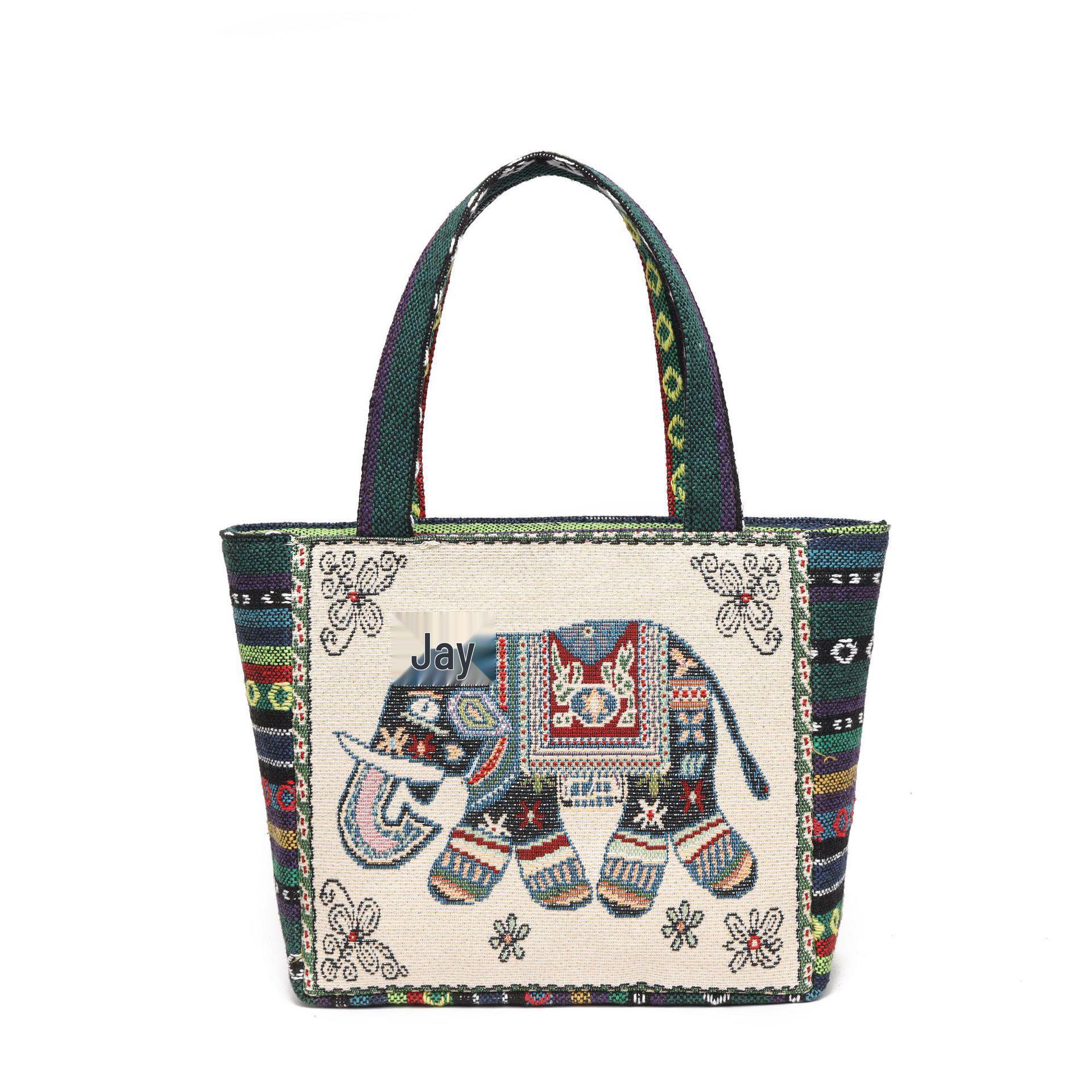 

Ethnic Canvas Tote with Double-Sided Embroidery - Butterfly & Elephant Design