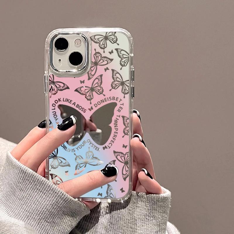 For iPhone 16 Pro 13 Case Luxury Mirror Silver Butterfly Phone Case iPhone 15 14 11 12 Pro Max 16 Plus XR X XS Shockproof Cover