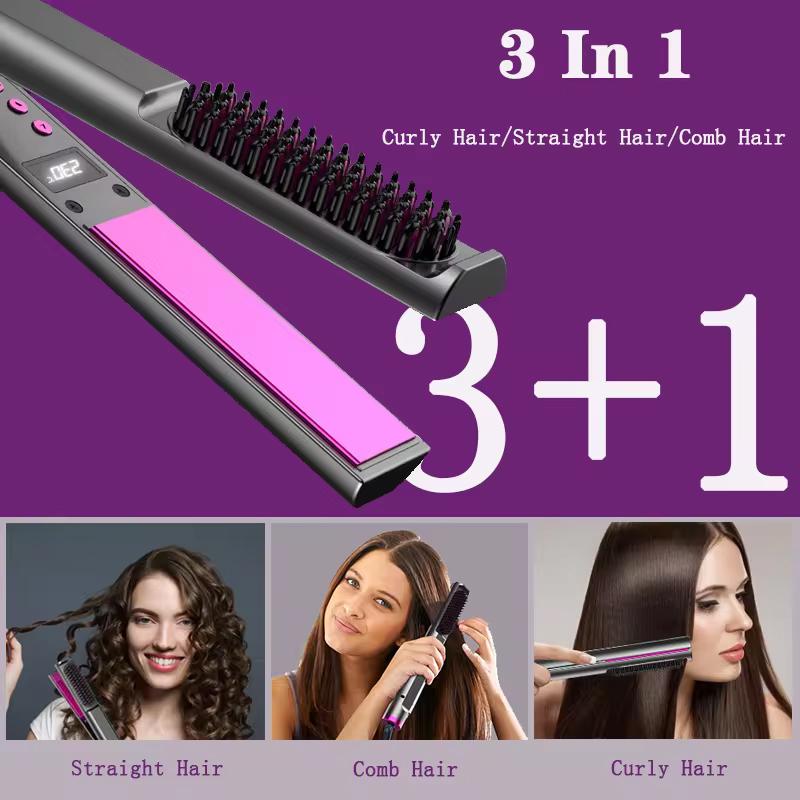 3 in 1 Plywood Hair Straightener Brush Salon Wet Dry Fast Ionic Flat Iron Hair Comb Hair Curler Straightener