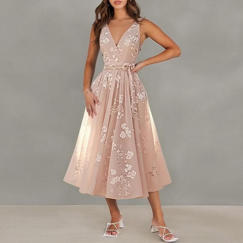 2026 Women s Clothing Elegant Temperament Printed Waist Lace Dress S розовый