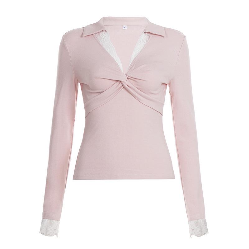 Stylish Lace Patchwork Low-Cut Lapel Pleated Long-Sleeve Top Medium розовый