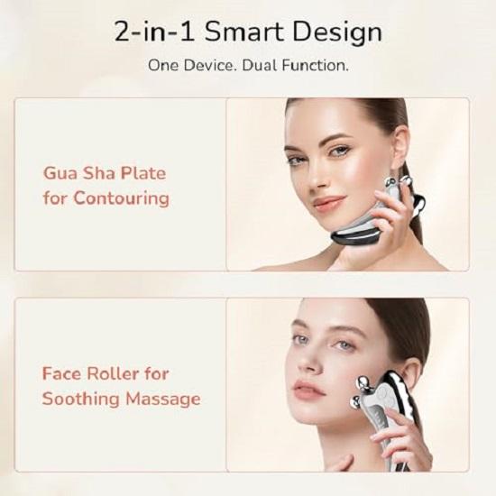 Smart Elektrischer Gua Sha Gesichtsroller 2 mit EMS, RF, Wärme 7-Farben LED-Lichttherapie Formen, Straffen, Anti-Aging, Aknebehandlung Doppelkinnreduktion
