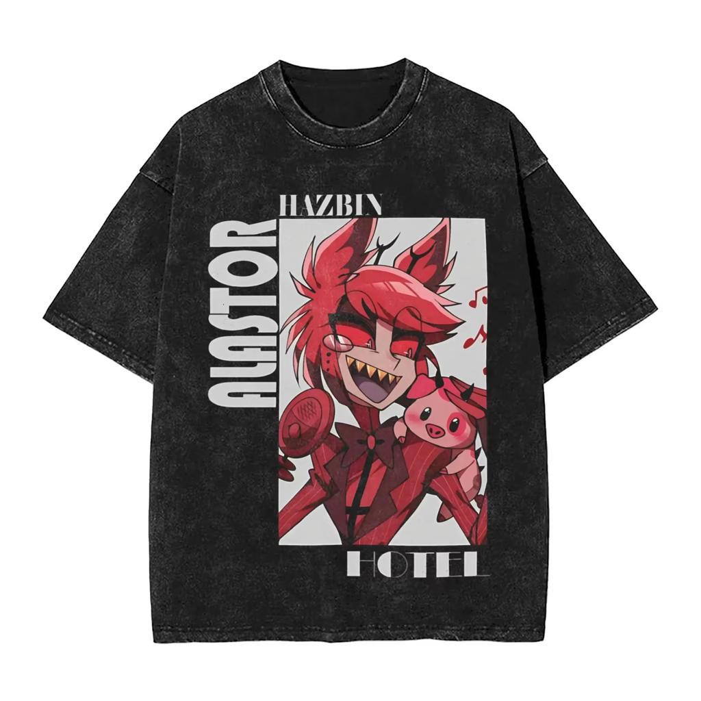 Vintage Washed Hazbin Hotel Graphic T-shirt Unisex Oversized Casual Streetwear Short Sleeve Heavy Cotton Breathable Comfortable Tee Tops