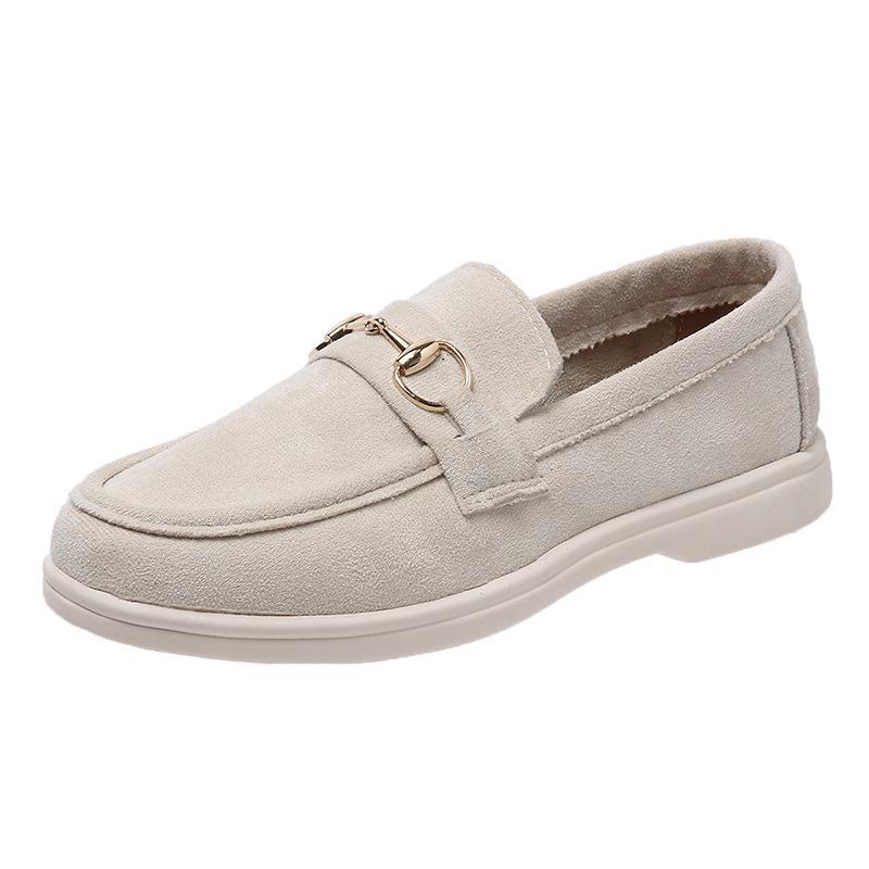 Fashion Shoes Women's Spring New Style British Lazy Person's One Step Flat Shoes Metal Buckle Comfortable Soft Driving Shoes Moccasins