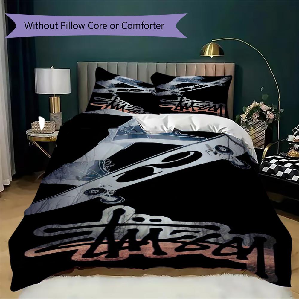 Skateboard Sneaker Street Logo 3Pcs Bedding Set, Retro Skate Culture Duvet Cover & 2 Pillowcases