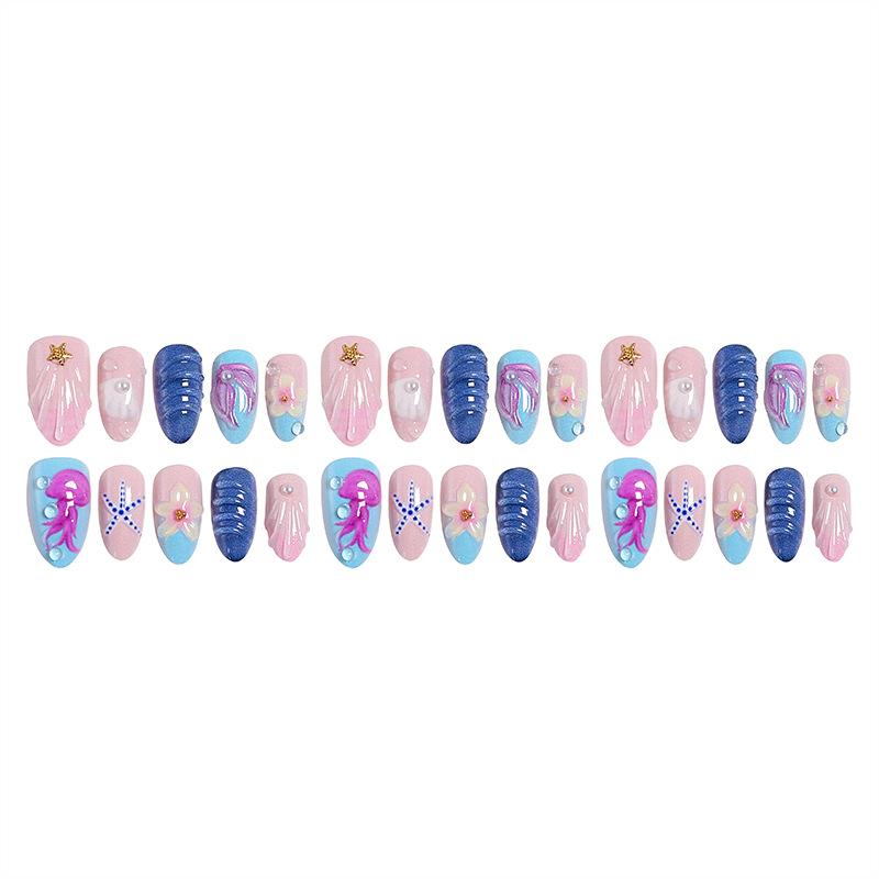 Cross-border wear nail summer ocean 3D three-dimensional almond wear nail fake nail Y2K nail art finished 30 pieces wholesale