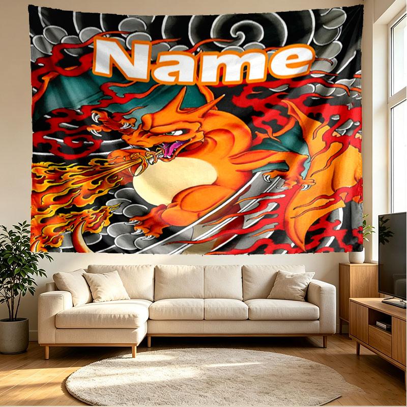 Custom Name Personalized Charizard VS Blastoise Print Tapestry, Wall Art Decor, Bedroom, Dorm, Apartment, LivingRoom, Party Backdrop, Gift for Birthda