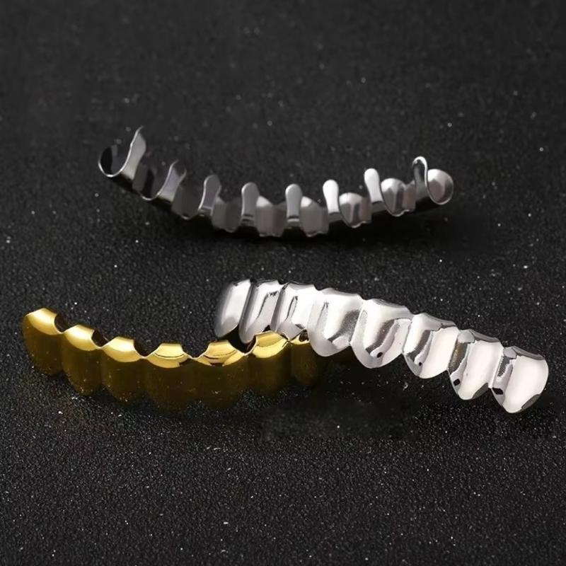 1/2 Pcs Glossy Finish Eco Friendly Copper Top Bottom Teeth Grillz Set Anti Slip Silver Gold Teeth Jewelry Cosplay