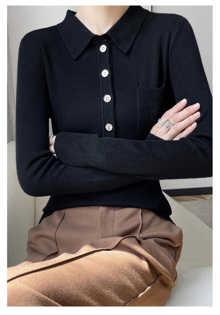 Women's Slimming Knit Wool Polo Collar Top with Pockets - Spring Style