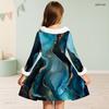 Girls Black High Neck White Furry Trim Long Sleeve Tie Waist Floral Printed A Line Flared Dress