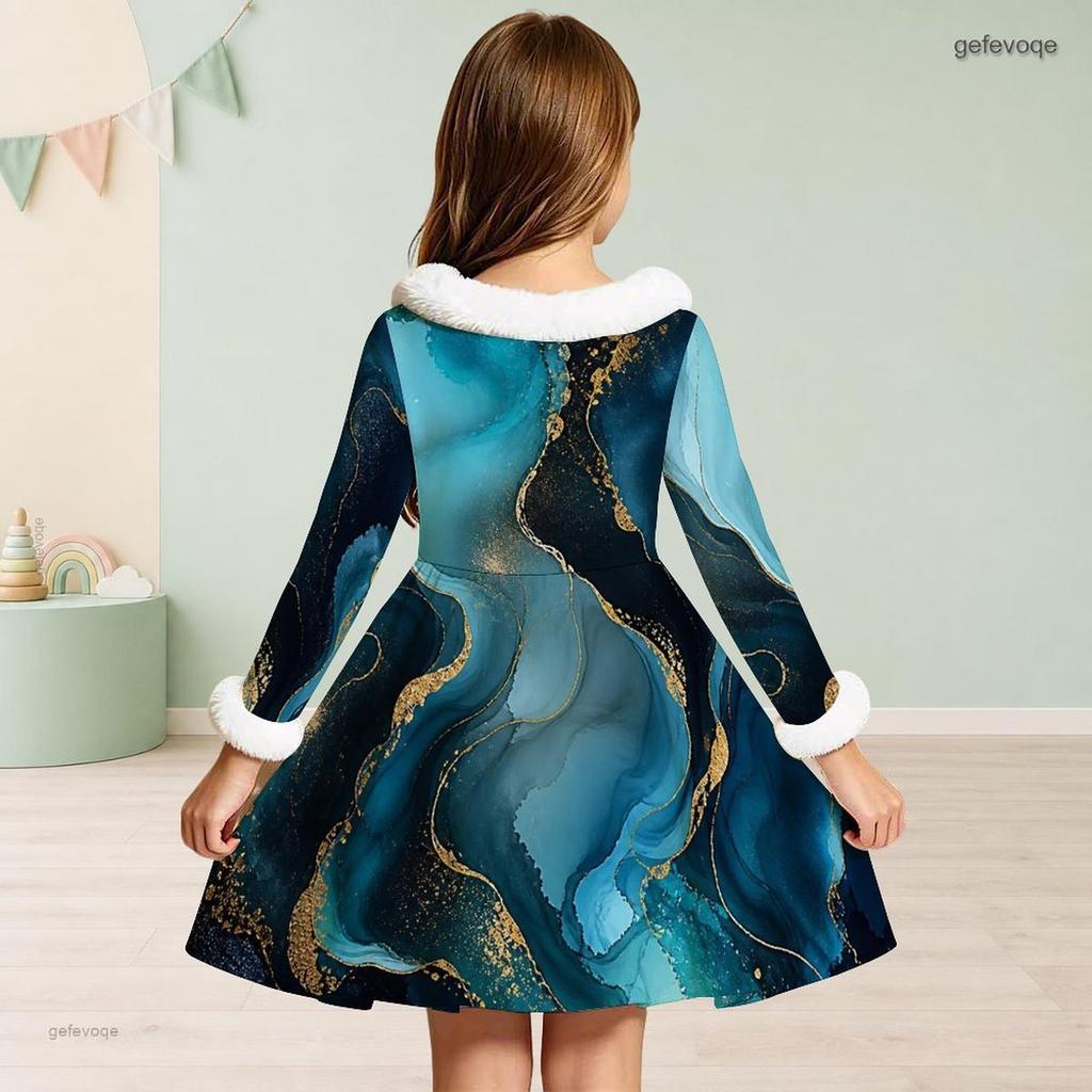 Girls Black High Neck White Furry Trim Long Sleeve Tie Waist Floral Printed A Line Flared Dress