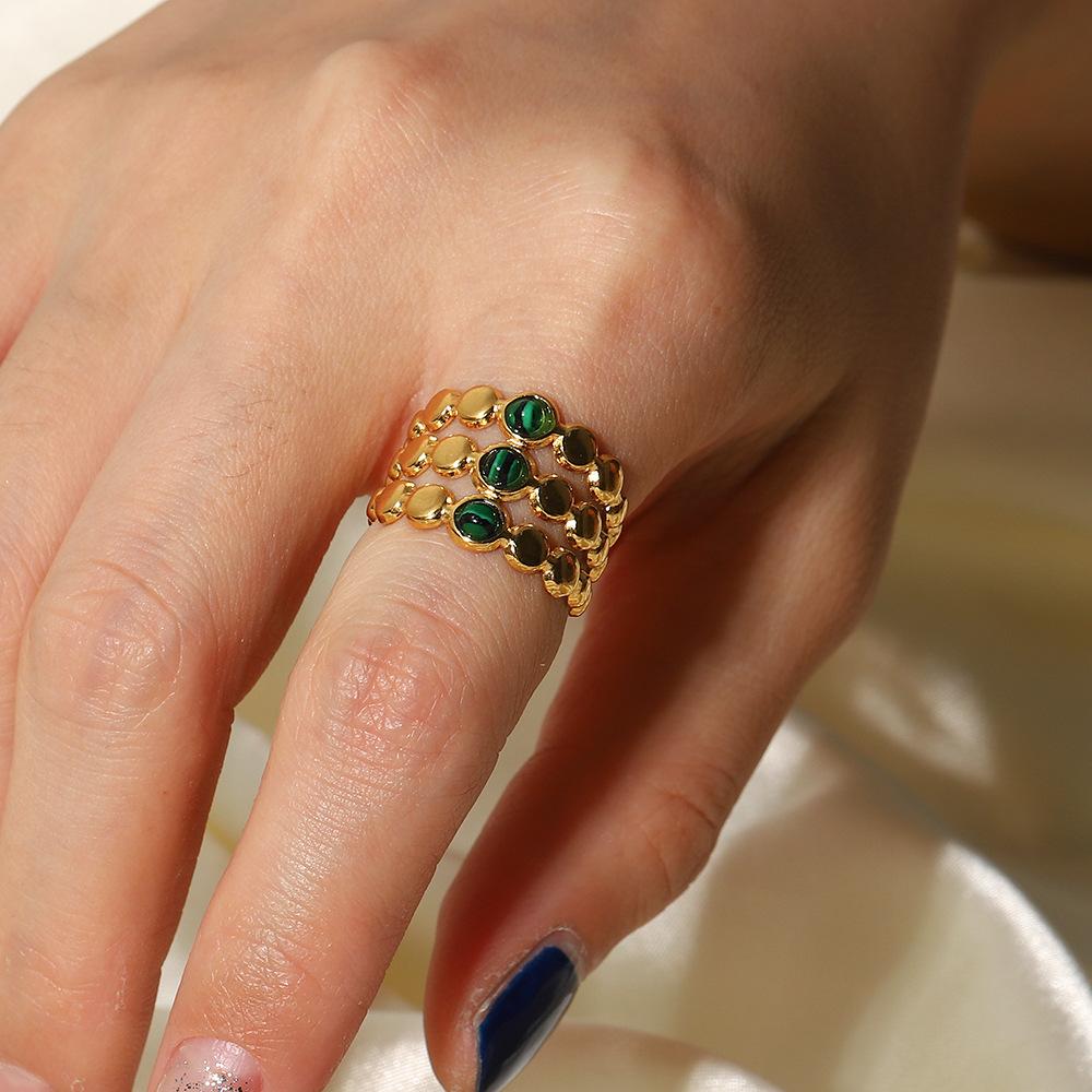 European and American temperament 18K gold green natural stone opening ring ins cold wind retro ring