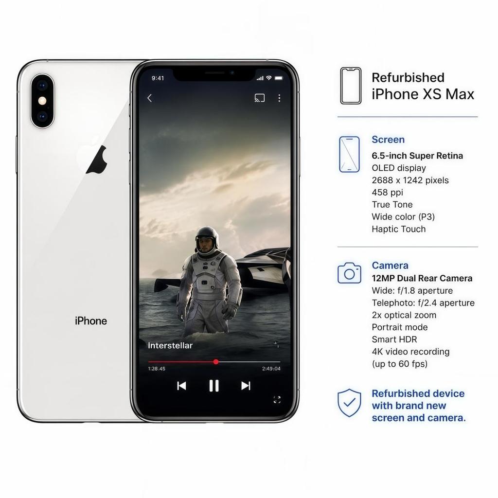 Refurbished Apple iPhone Xs Max 256GB Gold/Silver/Space Gray Unlocked Smartphone – 6.5-inch Super Retina OLED, A12 Bionic, Face ID, Dual 12MP Camera