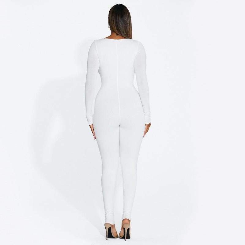 European and American Spring and Autumn Women's Long Sleeved Square Neck Slim Fit Solid Color Base and Hip Lifting Jumpsuit